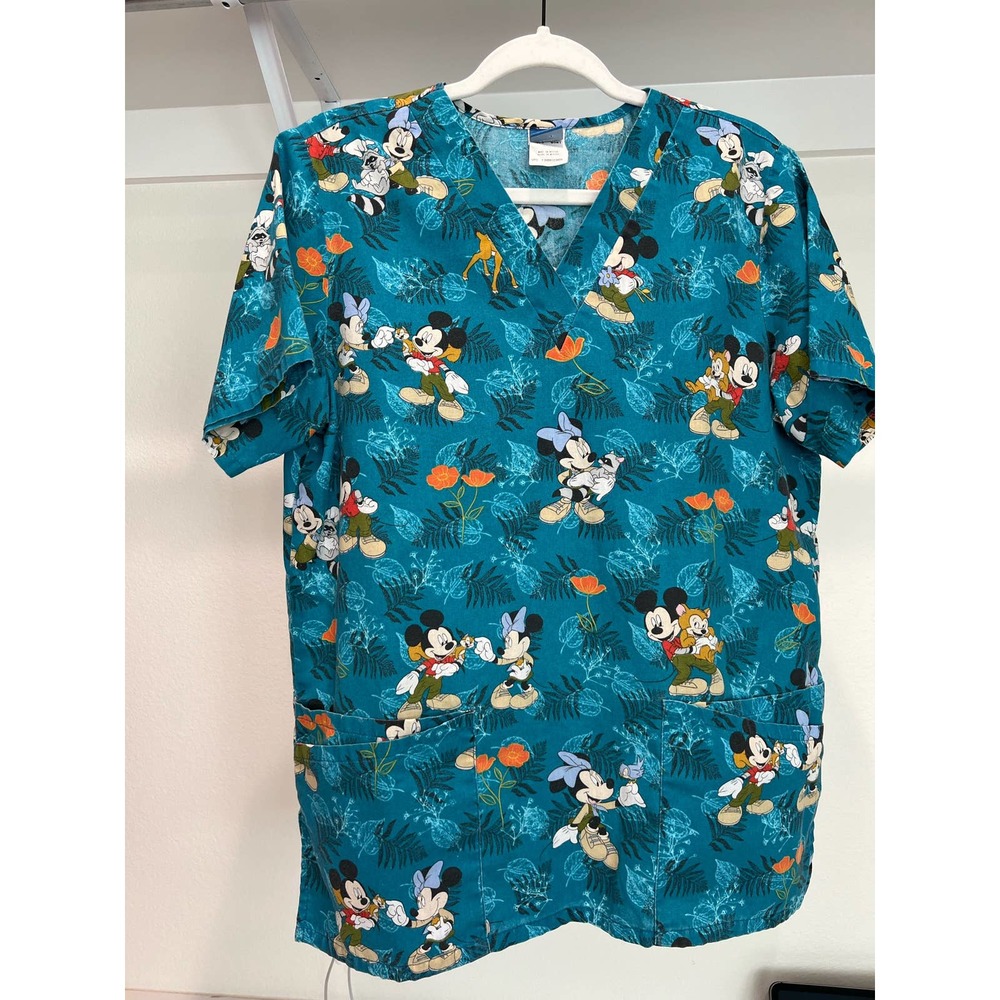 Vintage‎ Disney Scrubs Shirt Scrub Top Mickey Minnie Bambi Animals Size Small